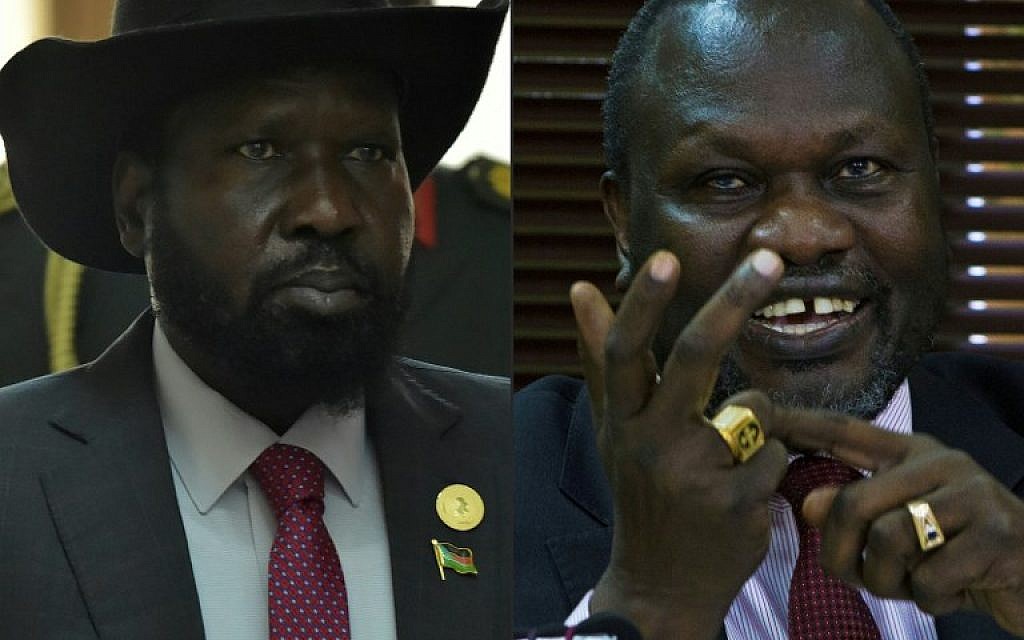 (MONTAGE) A gauche : le président du Soudan du Sud Salva Kir. A gauche , le chef rebelle du Soudan du Sud Riek Machar. (Crédit : AFP )/ SIMON MAINA AND ISAAC KASAMANI)