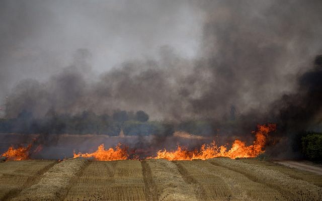 Les pompiers éteignent un feu dans un champ de blé qui avait été allumé par des cerfs-volants incendiaires depuis la bande de Gaza en Israël, le 30 mai 2018 (Crédit : Yonatan Sindel/Flash90)
