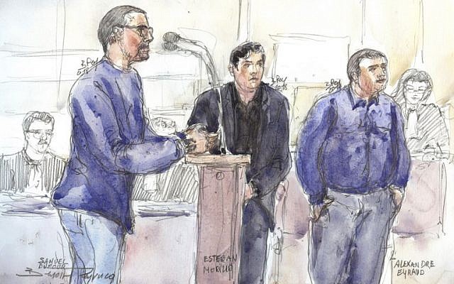 Esquisse du procès de Samuel Dufour (à gauche) d'Esteban Morillo (centre) et d'Alexandre Eyraud (droite) pour le meurtre de Clément Méric, à la Cour d'Assises de Paris, le 4 septembre 2018. (Crédit : AFP/ Benoit PEYRUCQ)