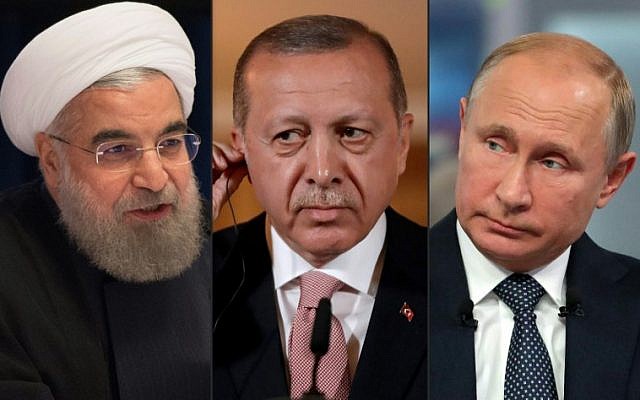 (Montage) De gauche à droite : le président iranien Hassan Rouhani à New York, le 22 septembre 22 ; le président turc Recep Tayyip Erdogan à Londres le 15 mai 2018 et le président russe Vladimir Poutine le 7 juin 2018 à Moscou. Ils sont réunis à Téhéran le 7 septembre pour un sommet tripartite sur le sort de la province d'Idleb, en Syrie. (Crédits : AFP PHOTO / AFP PHOTO et SPUTNIK)