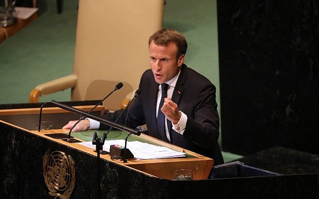 Emmanuel Macron durant son discours lors de l'assemblée générale de l'ONU à New York City le 25 september 2018 (Crédit: AFP PHOTO / Ludovic MARIN)