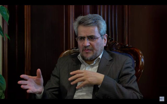 Gholamali Khoshroo, ambassadeur d’Iran aux Nations unies. (Crédit : capture d’écran YouTube / Dialogue of Civilizations Research Institute)