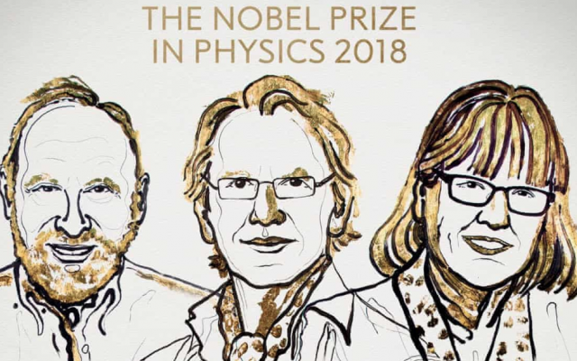 Arthur Ashkin, Gérard Mourou et Donna Strickland, lauréats du prix Nobel de physique en 2018. (Assemblée Nobel)