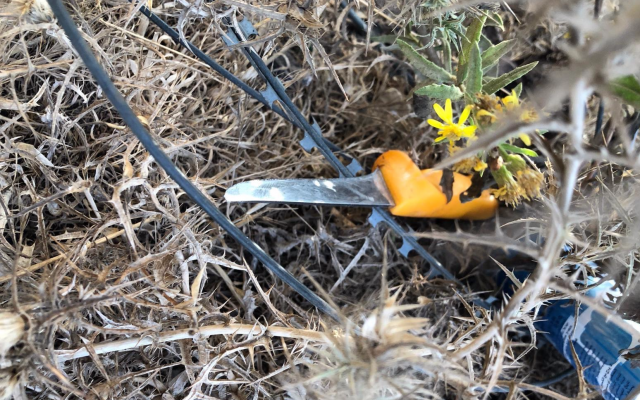 Un couteau caché par un Palestinien près de l'implantation de Har Adar, une arme qu'il avait l'intention d'utiliser dans un attentat (Crédit : Police israélienne)