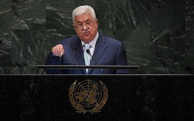 Le Président de l'Autorité palestinienne, Mahmoud Abbas, s'adresse à l'Assemblée générale des Nations Unies à New York le 27 septembre 2018. (TIMOTHY A. CLARY/AFP)
