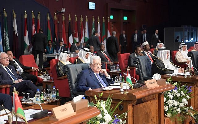 Le président de l'Autorité palestinienne Mahmoud Abbas lors du sommet réunissant la Migue arabe et l'Union européenne, à Charm el-cheikh, le 24 février 2019. (Crédit :  Wafa)