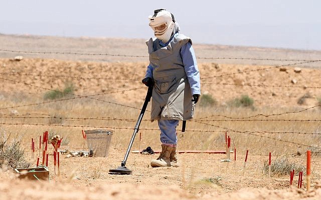 Un démineur jordanien examine un champ de mines à la frontière jordano-israélienne, le 28 juin 2011. (Crédit : AP/Nader Daoud)