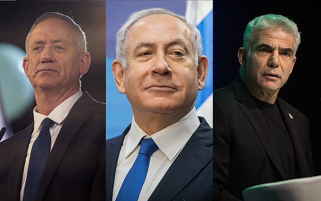 De gauche à droite : Benny Gantz, Benjamin Netanyahu, Yair Lapid. (Crédit : Hadas Parush, Noam Revkin Fenton, Hadas Parush/ Flash90)