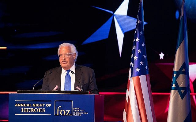 L'ambassadeur américain en Israël David Friedman lors d'un événement marquant le premier anniversaire du transfert de l'ambassade américaine de Tel Aviv à Jérusalem, le 14 mai 2019 (Crédit : Yonatan Sindel/Flash90)