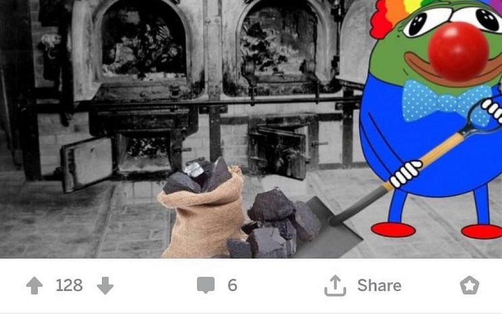Un personnage clownesque aux côtés des fours utilisés par les nazis pendant la Shoah, avec le commentaire : "Sale clown : Impossible de faire cuire six millions de gâteaux dans ces fours !" posté dans la communauté /r/frenworld qui a été interdite par Reddit au mois de juin 2019 (Capture d'écran : Reddit)