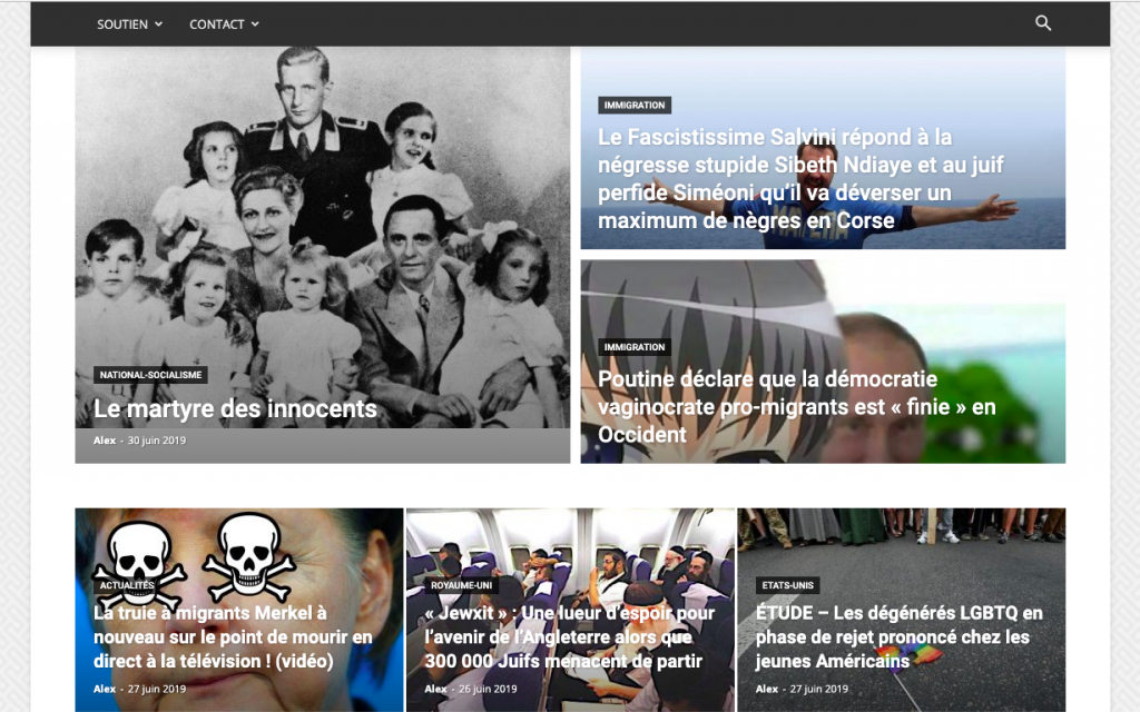 La page d’accueil du site antisémite, xénophobe et anti-LGBT « GF.com », gérée par le Suisse Alexandre Bender.