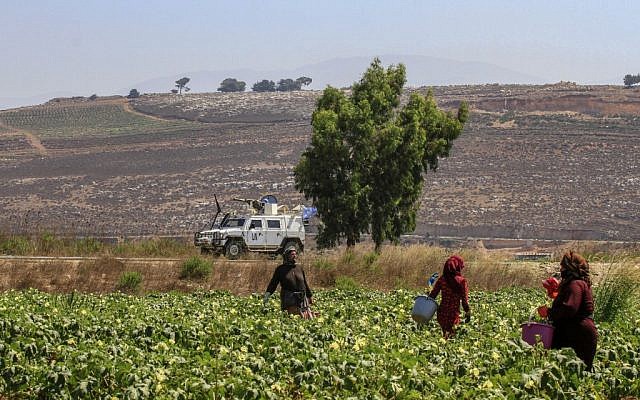 Des agriculteurs dans la plaine de Marjayou, aux abords du village libanais de Khlam, en face de la ville israélienne de Metula, le long de la frontière, le 26 août 2019. (Crédit : Mahmoud ZAYYAT / AFP)