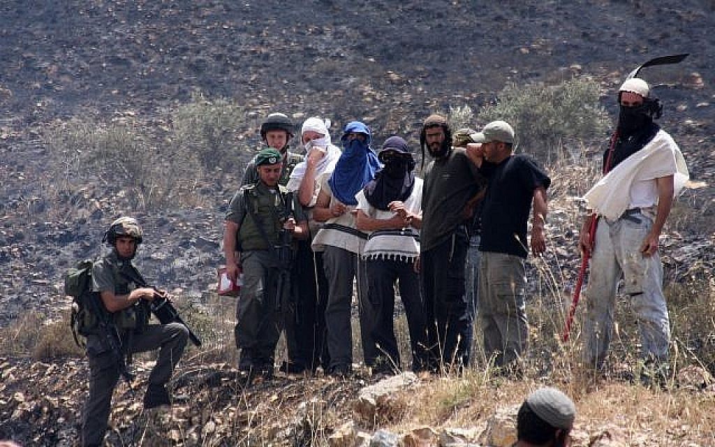 Des résidents de Yitzhar masqués et des soldats surveillent les champs palestiniens incendiés dans le village d'Asira al-Qiblyia le 2 juin 2010. (Wagdi Ashtiyeh/Flash90)