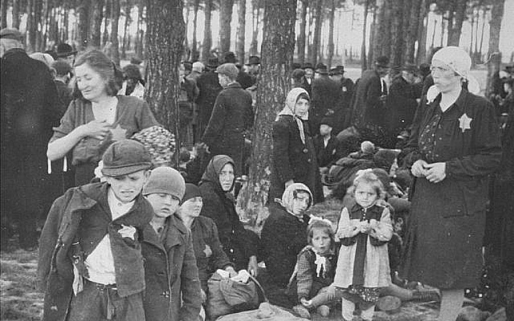 Des Juifs hongrois attendant dans le bois d'Auschwitz-Birkenau pour 'les douches', en mai 1944, une photo de "L'Album d'Auschwitz" (Crédit : Yad Vashem)