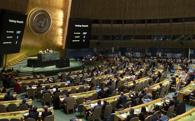 Vue de l'Assemblée générale des Nations unies durant un vote imposé sur Cuba par les Etats-Unis, le 7 novembre 2019 (Crédit : Evan Schneider/ONU)