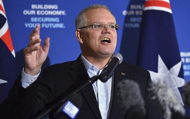 Le Premier ministre australien Scott Morrison s'exprime lors d'un petit déjeuner d'affaires à Darwin, le 24 avril 2019. (Mick Tsikas/AAP Image via AP)