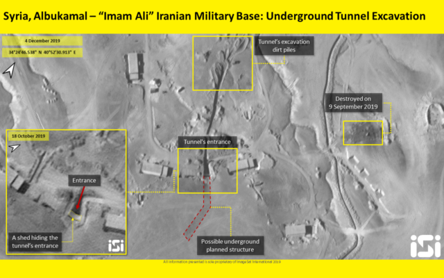 Des images par satellite montrent un tunnel iranien présumé sur une base militaire à proximité d'un poste-frontière dans la région de Boukamal, en Syrie, à proximité de la frontière irakienne, le 10 décembre 2019 (Crédit : ImageSat International)
