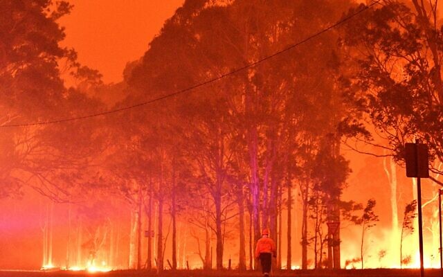 Un pompier passe devant des arbres en feu pendant une bataille contre des feux de brousse autour de la ville de Nowra dans l'État australien de Nouvelle-Galles du Sud le 31 décembre 2019. (Crédit : SAEED KHAN / AFP)