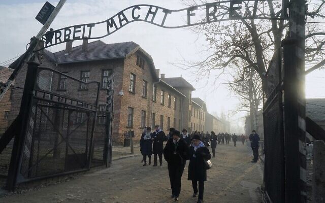 Des survivants de la Shoah passent sous la porte portant l'inscription "Le travail rend libre" après avoir déposé une gerbe au mur de la mort sur le site du mémorial de l'ancien camp de la mort nazi d'Auschwitz lors des cérémonies de commémoration du 75e anniversaire de la libération du camp à Oswiecim, en Pologne, le 27 janvier 2020. (Crédit : JANEK SKARZYNSKI / AFP)