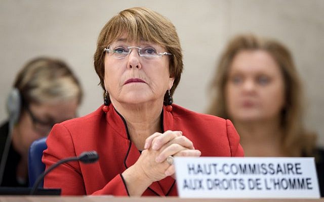 La Haute-commissaire aux droits de l'Homme des Etats-Unis Michelle Bachelet à l'ouverture de la 40è session du conseil des droits de l'Homme de l'ONU, à Genève, le 25 février 2019 (Crédit : Fabrice Coffrini/AFP)