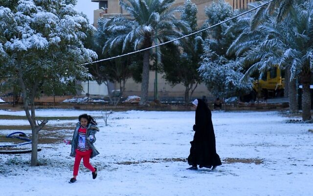 Kerbala, en Irak sous la neige, le 11 février 2020. (Crédit : Mohammed SAWAF / AFP)