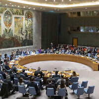 Le Conseil de sécurité de l'ONU tient une réunion sur le Moyen-Orient, le 20 novembre 2019, au siège des Nations Unies. (Crédit : AP/Mary Altaffer)