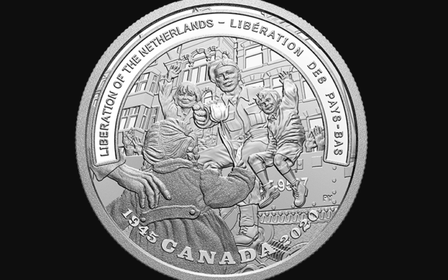 La pièce de 20 dollars canadien commémorant le 75e anniversaire de la libération des Pays-Bas, œuvre de l'artiste Pandora Young. (Crédit : Monnaie royale canadienne)