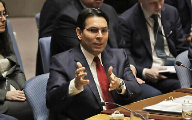L'ambassadeur israélien aux Nations unies, Danny Danon, s'exprime lors d'une réunion du Conseil de sécurité au siège des Nations unies, le 11 février 2020. (AP Photo/Seth Wenig)