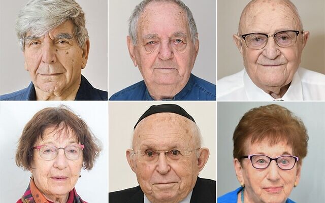 De gauche à droite, en haut : Haim Arbiv, Zohar Arnon, Yehuda Beilis. En bas : Aviva Blum-Wachs, Avraham Carmi et Lea Meream Reuveni, les survivants de la Shoah qui allumeront une torche à l'occasion de Yom HaShoah, le 20 avril 2020. (Crédit : Yad Vashem)