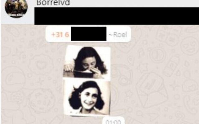 Capture d'écran d'un mème sur Anne Frank partagé sur un groupe WhatsApp de jeune supporters du parti Forum for Democracy au Pays-Bas. (Crédit : HPDeTijd via JTA)