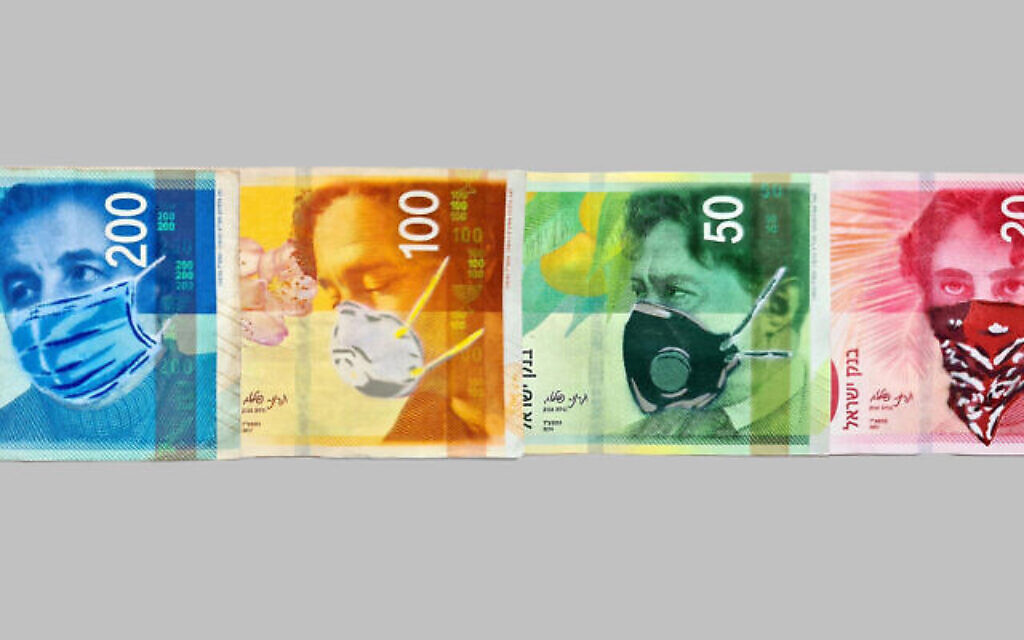 L'artiste de rue  Dede Bandaid a rajouté des masques sur des billets de banque réels (Autorisation : Dede Bandaid/ via JTA)