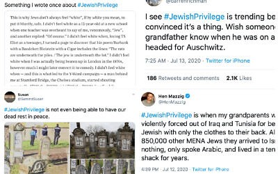 Des exemples de messages postés avec le hashtag #JewishPrivilege, en réponse à des tweets antisémites. (Twitter)