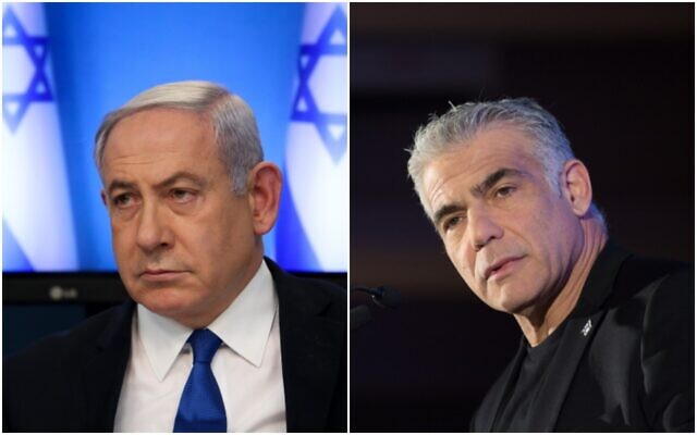 Le Premier ministre Benjamin Netanyahu le 11 mars 2020 (à gauche) ; le leader de Yesh Atid-Telem Yair Lapid, en décembre 2019. (Miriam Alster/FLASH90)