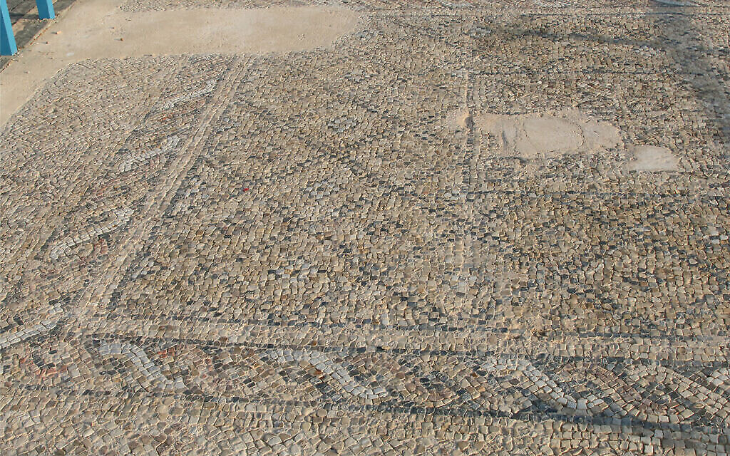 Un sol en mosaïque de l'époque romaine dans le jardin archéologique d'Ashkelon. (Shmuel Bar-Am)