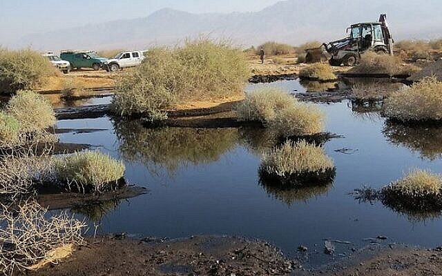 Du pétrole répandu dans le désert dans la réserve naturelle d'Evrona, le 7 décembre 2014. (Crédit : Porte-parole du ministère de la protection environnementale/Roi Talbi)