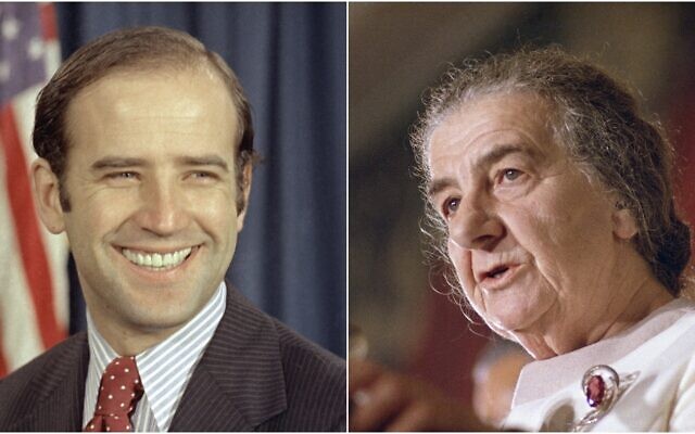 A gauche, le tout nouveau jeune sénateur démocrate du Delaware, Joe Biden, au Capitole de Washington, le 13 octobre 1972 - à droite, la Première ministre israélienne Golda Meir s'exprime devant les Nations unies le 22 d'octobre 1970. (Crédit : AP photos)