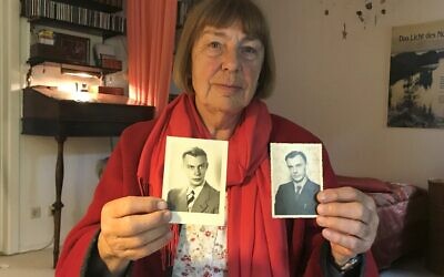 Reproduction de deux photos datant de 1938 (à gauche) et 1948 montrant Peter Kroeger, qui faisait partie des "Einsatzgruppen", les escadrons de la mort paramilitaires Schutzstaffel (SS) responsables de massacres, et qui était également le père de Barbara Brix, photographiée le 11 juin 2020 chez elle à Hambourg, dans le nord de l'Allemagne. (Crédit : Marion PAYET / AFP)