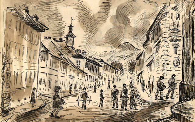Une illustration contemporaine du ghetto de Theresienstadt tirée des journaux de Philipp Manes 1942-1944. (Crédit : Wiener Holocaust Library Collections)