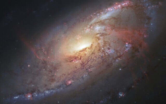 Cette image réalisée par le télescope Hubble Space Telescope de la NASA/ESA montre la galaxie spirale M106 avec des informations supplémentaires provenant d'astronomes amateurs. (Crédit : STScI/AURA), R. Gendler via AP, File)