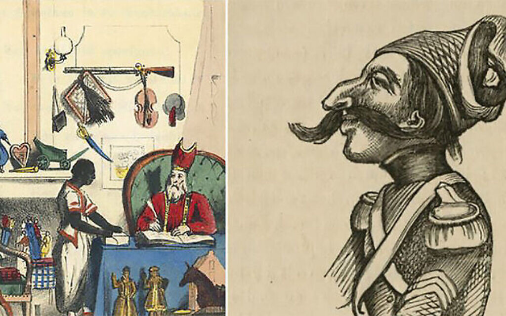 L'un des tous premiers portraits de "Zwart Piet", à gauche, par l'auteur Jan Schenkman dans les années 1850, et une caricature du soldat juif Levie Zadok, qui se caractérise par sa lâcheté. (Autorisation : Musée historique juif d'Amsterdam/  via JTA)
