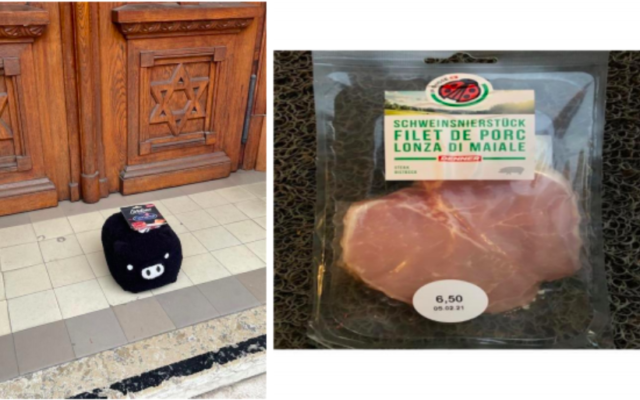 À gauche : le cochon en peluche et le paquet de lardons déposés devant la synagogue de Lausanne le 30 janvier. À droite : un des paquets de filet de porc retrouvé devant le centre communautaire du GIL à Genève, le 3 février. (Crédit : CICAD)