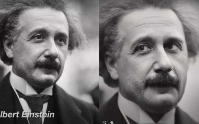 Une photo d’Albert Einstein (à gauche) prenant vie (à droite) grâce à l’outil MyHeritage Deep Nostalgia. (Crédit : Capture d’écran YouTube / Mirkojax / MyHeritage)