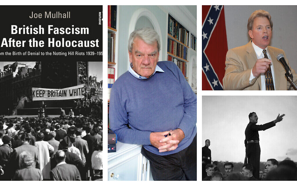 À gauche : “Le fascisme britannique après l'Holocauste”, par le Dr Joe Mulhall. (Autorisation) Au centre : le négationniste David Irving. (CC-BY-SA 3.0 / Allan Warren) En haut à droite : le négationniste et ancien dirigeant du KKK David Duke. (AP / Burt Steel) En bas à droite : le fasciste britannique Oswald Mosley. (photo AP / Bead)