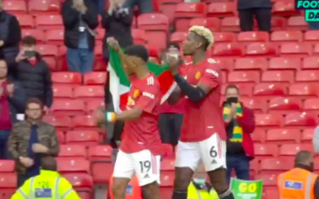Amad Diallo et Paul Pogba brandissent un drapeau palestinien après le match nul mardi 18 mai 2021 contre Fulham à Old Trafford. (Crédit : capture d'écran Twitter)