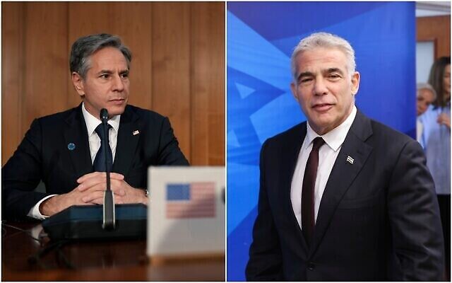 Le secrétaire d'État américain Antony Blinken, à gauche, et le ministre des Affaires étrangères Yair Lapid. (Crédit :  AP/Collage)
