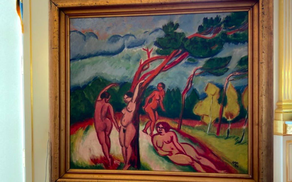 Le tableau "Nus dans un paysage" de Max Pechstein, peint en 1912. (Crédit : Twitter / Roselyne Bachelot / Ministère de la Culture)