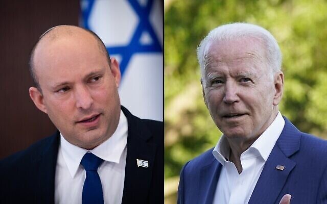 Le Premier ministre Naftali Bennett (à gauche) et le président américain Joe Biden. (Crédit : image composite : AP, Flash 90)