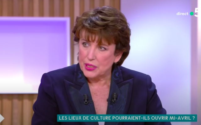 Roselyne Bachelot dans l’émission « C à vous » en mars 2021 sur France 5. (Crédit : capture d’écran C à vous / YouTube)