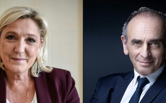 (MONTAGE) À droite, Marine le Pen en séance photo à Paris, le 15 mai 2019. À gauche, l'idéologue d'extrême droite français Eric Zemmour lors d'une séance photo à Paris, le 22 avril 2021. (Crédits : Stéphane de Sakutin et Joël Saget/AFP)