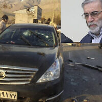 La scène où Mohsen Fakhrizadeh a été tué à Absard, une petite ville située juste à l'est de la capitale, à Téhéran, en Iran, le 27 novembre 2020. (Crédit : Agence de presse Fars via AP) ; Encart : Mohsen Fakhrizadeh sur une photo non datée. (Crédit : autorisation)